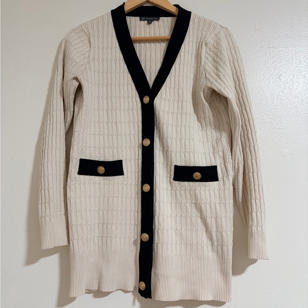 Adrianna Papell Cream Cardigan with Black Trim and Gold Buttons - Picture 3 of 7